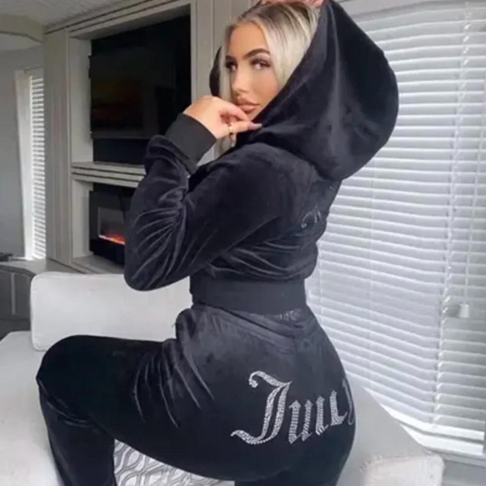 NEW Juicy Couture Diamonds Logo Velour Tracksuit Hoodie & Pants Set Small Black